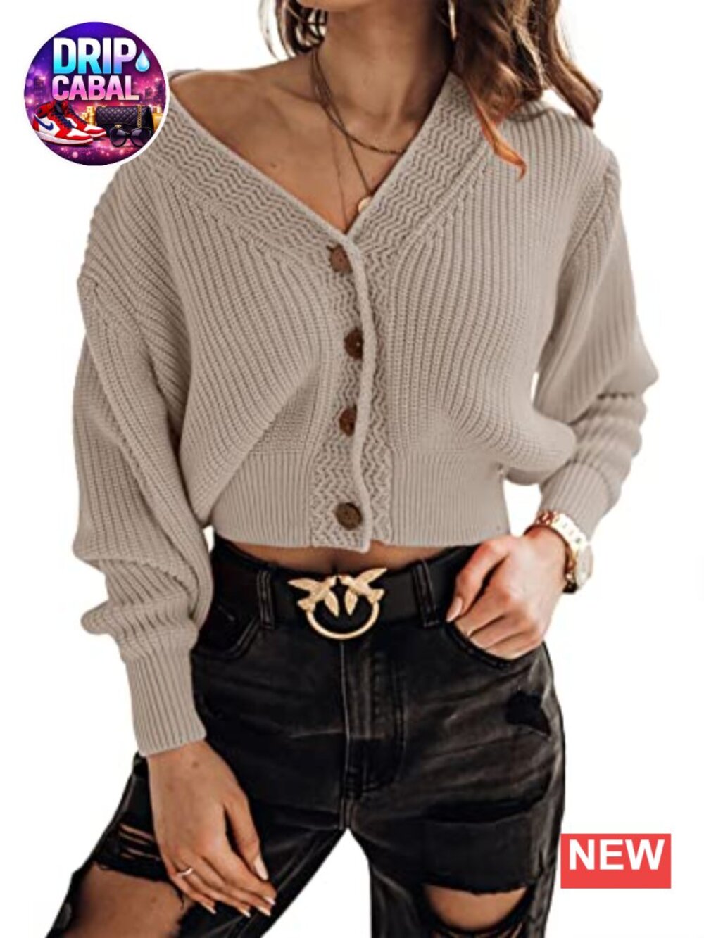 Chunky Knit Cropped Cardigan Button Front V-Neck Long Sleeve Lightweight